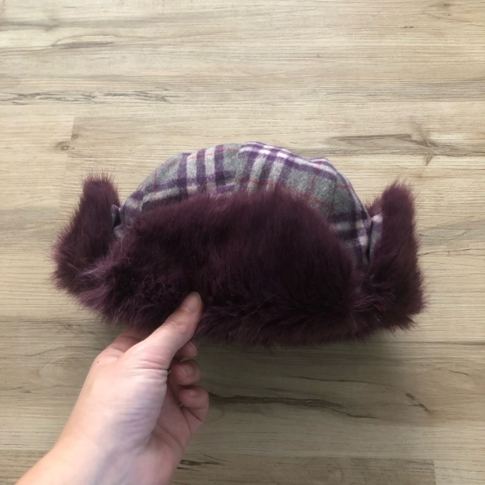 Plaid Wool Blend Trapper Hat with Faux Fur Lining